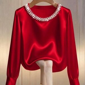 Elegant Red Satin Top with Pearl Detailing